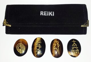 4 Onyx Steine mit Reikisymbolen in Samt-Etui