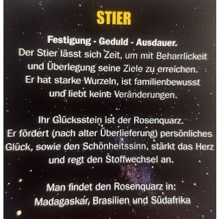 Sternzeichenkarte Stier mit Anh&auml;nger Rosenquarz