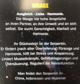 Sternzeichenkarte Waage mit Anh&auml;nger Serpentin