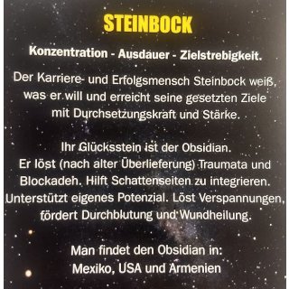 Sternzeichenkarte Steinbock mit Anhänger Obsidian