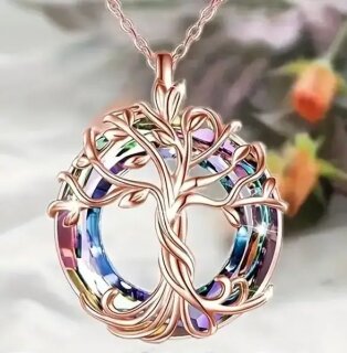 Halskette Lebensbaum rosegold mit Regenbogenring